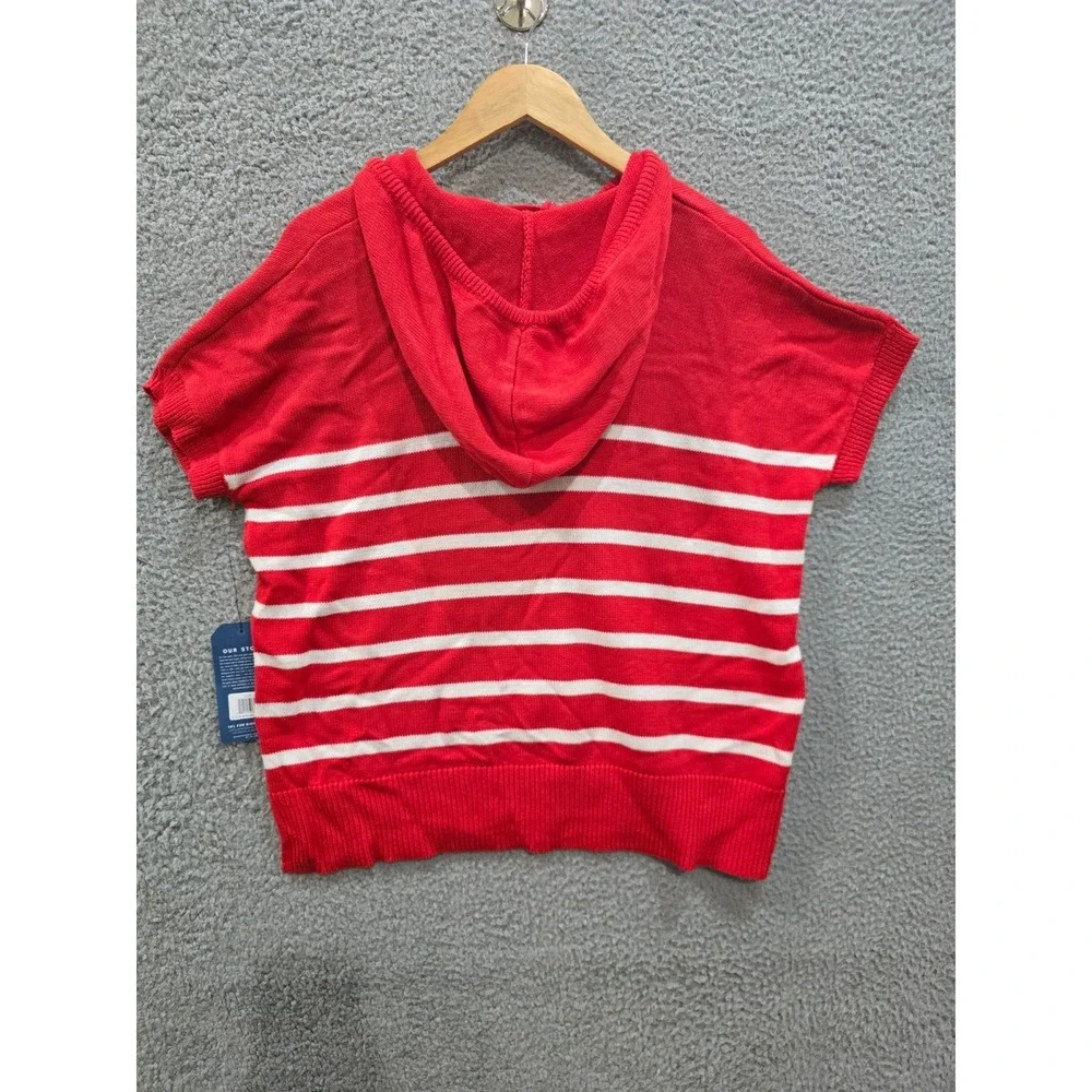 Life is Good Womens Red White Striped Short Sleeve Hooded Sweater Medium - Picture 3 of 9